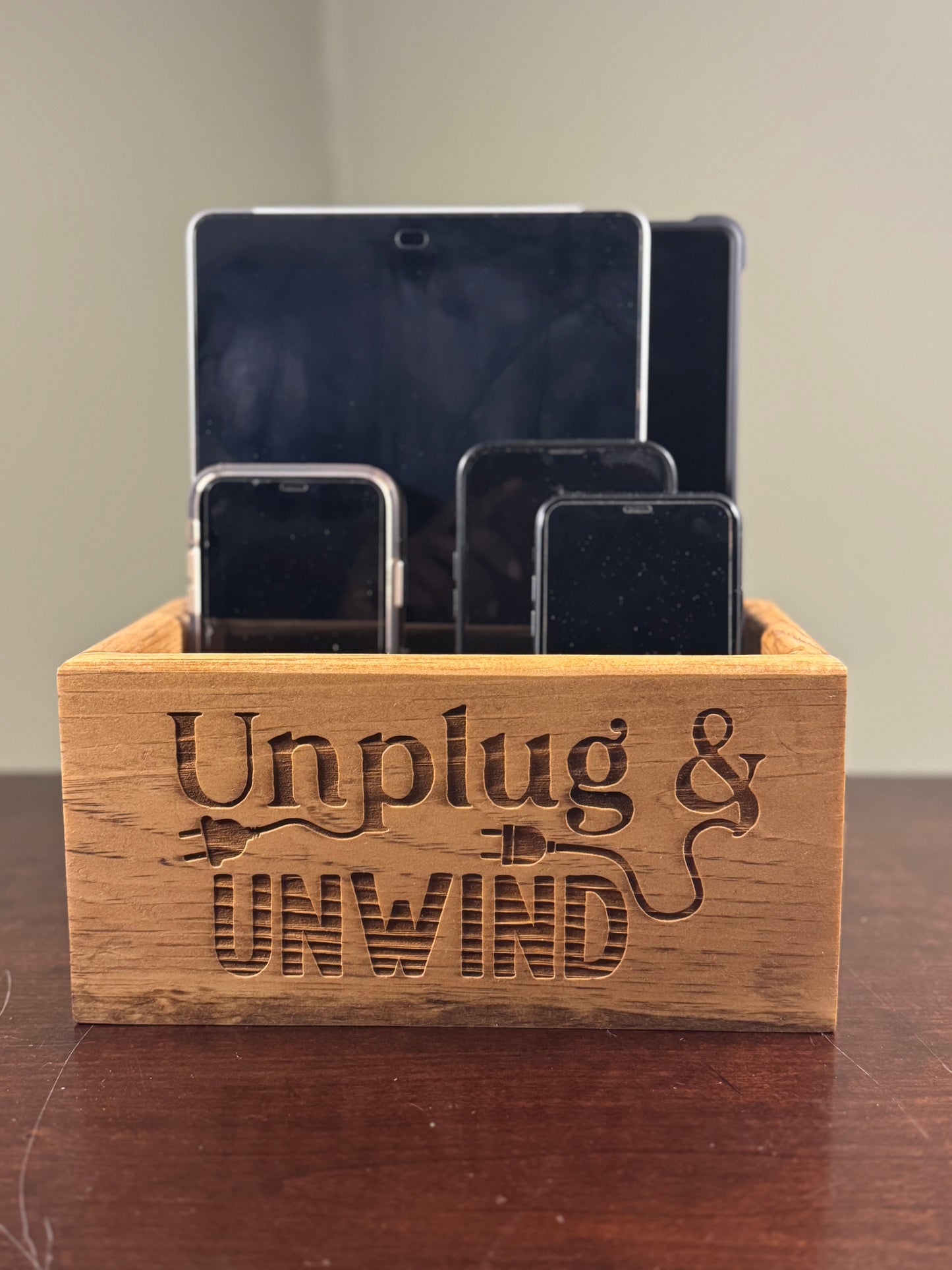 Unplug Box, Family Cell Phon and Tablet Holder, Electronics storage Box, Unplug and Unwind, Family Time Box, Charging Hole