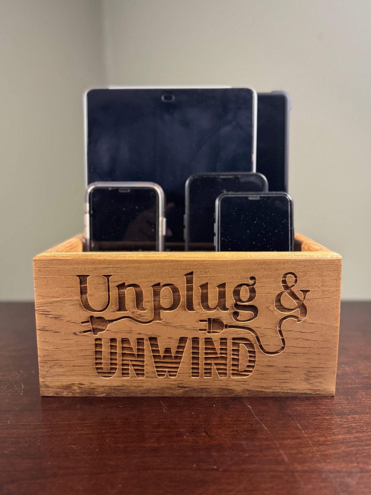 Unplug Box, Family Cell Phon and Tablet Holder, Electronics storage Box, Unplug and Unwind, Family Time Box, Charging Hole