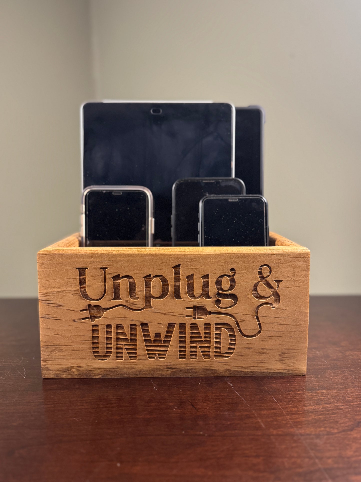 Unplug Box, Family Cell Phon and Tablet Holder, Electronics storage Box, Unplug and Unwind, Family Time Box, Charging Hole