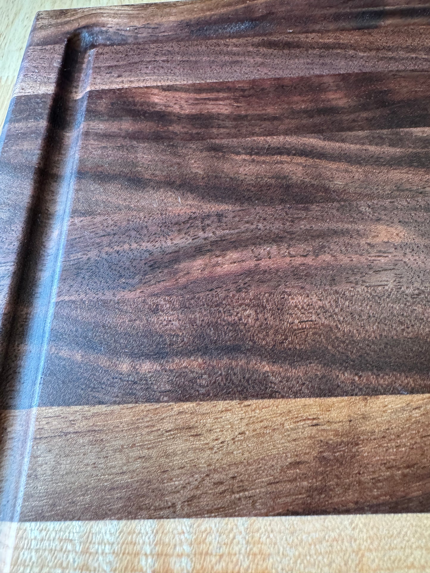 Handmade Walnut, Curly Maple and Purple Heart Cutting Board with Juice Grove, Food Grade, Wood Cutting Board. Gift for mom, Gift for Wife, Housewarming gift