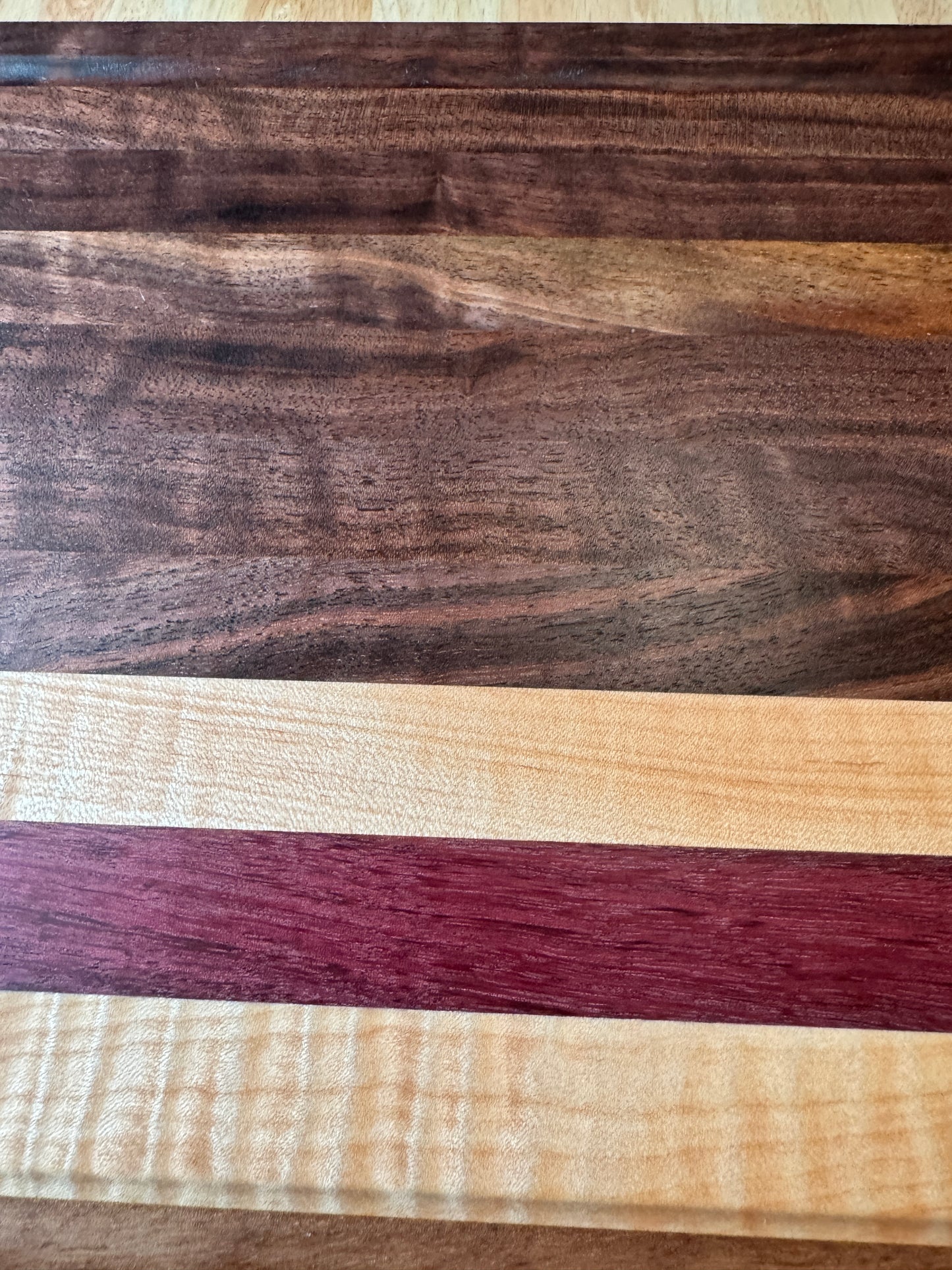Handmade Walnut, Curly Maple and Purple Heart Cutting Board with Juice Grove, Food Grade, Wood Cutting Board. Gift for mom, Gift for Wife, Housewarming gift