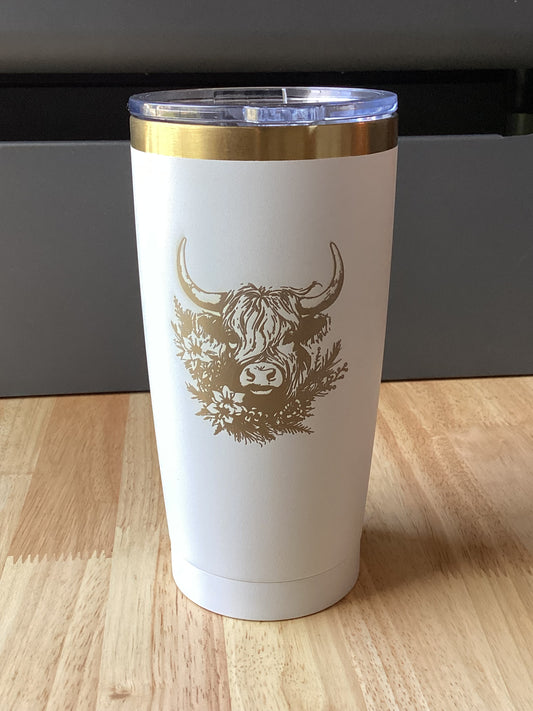 20oz White Highland Cow Tumbler, Custom Engraved Gift for mom, Gift for Daughter, Anniversary Gift, Holiday Gift