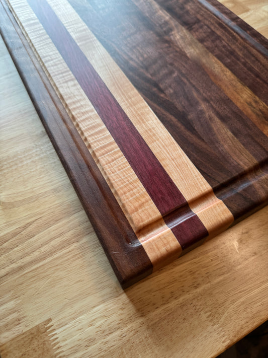 Handmade Walnut, Curly Maple and Purple Heart Cutting Board with Juice Grove, Food Grade, Wood Cutting Board. Gift for mom, Gift for Wife, Housewarming gift